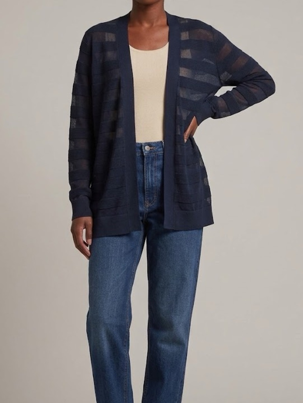 Michael Kors Open Front Sheer Stripe Sweater Cardigan Navy Blue Size Small